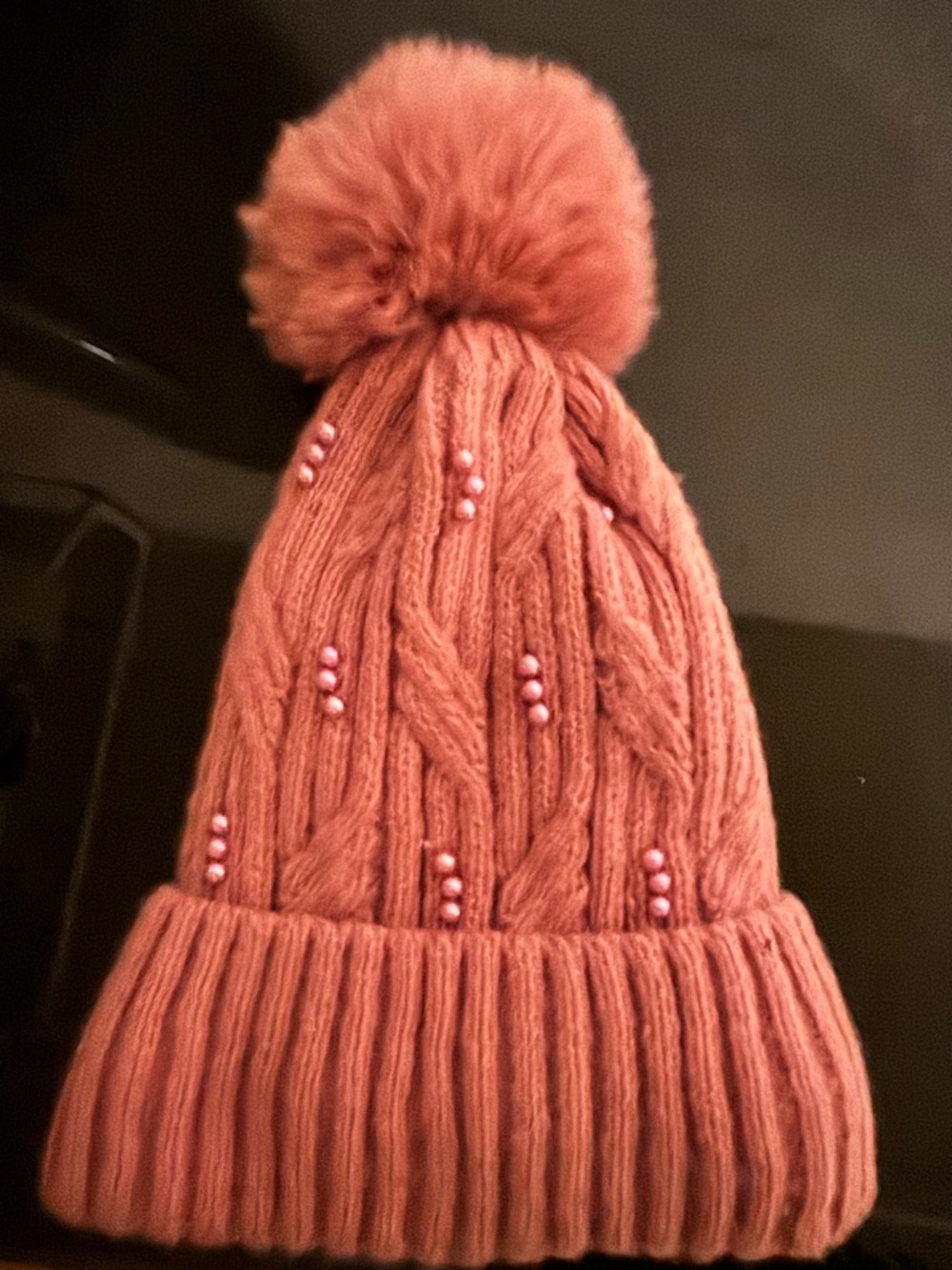 Kids Cable Knit Pom Beanie with Pearls - Dusty Rose